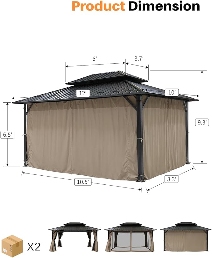 SEEHILL 10' x 12' Hardtop Gazebo, Aluminum Frame Outdoor Patio Gazebo with Netting and Curtains, Outdoor Hardtop Gazebos, Patio Pergolas with Double Metal Roofs for Backyard, Patio, Deck, Sandstone