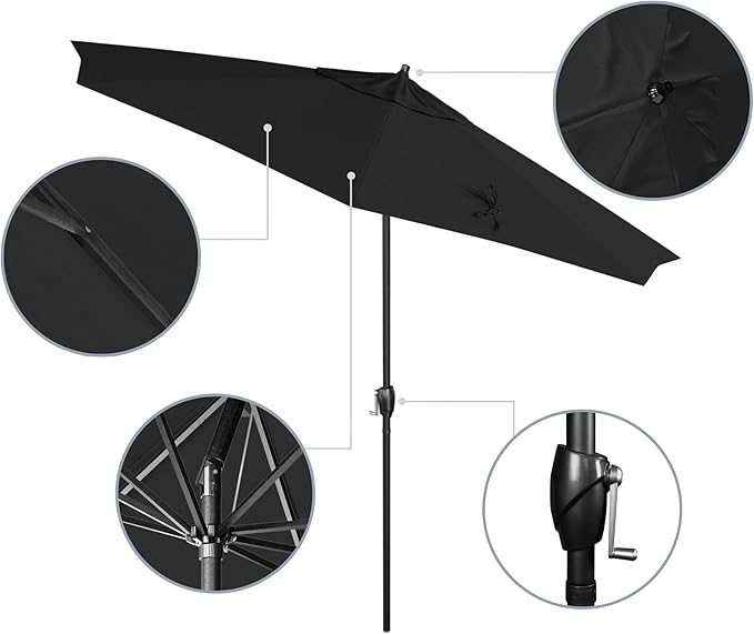 California Umbrella 9' Rd Aluminum Patio Umbrella, Crank Lift, Auto Tilt, Black Finish, Sunbrella Black