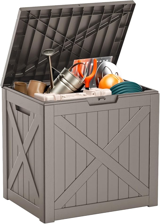 32 Gallon Outdoor Deck Box,Storage Lockable Waterproof Patio Furniture,Garden Tools,Cushions,Pool Accessories Outside Storage Resin Box(Grey)