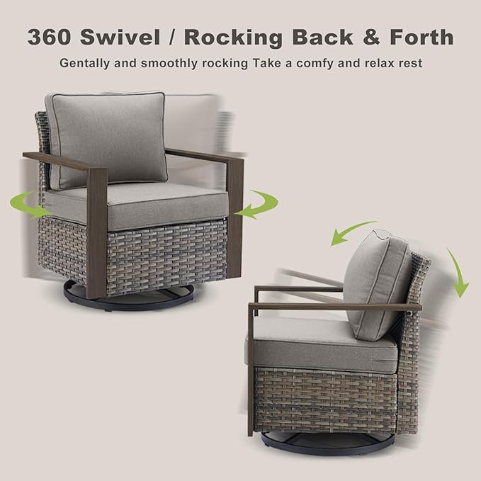 Rilyson Outdoor Wicker Patio Furniture Set - 7 Piece Patio Conversation Set with 4 Wicker Swivel Rocker Chairs,2 Rattan Ottoman and 1 Couch,Thick Cushions,Deep Seating,Wide Armrest(Mixed Grey/Grey)