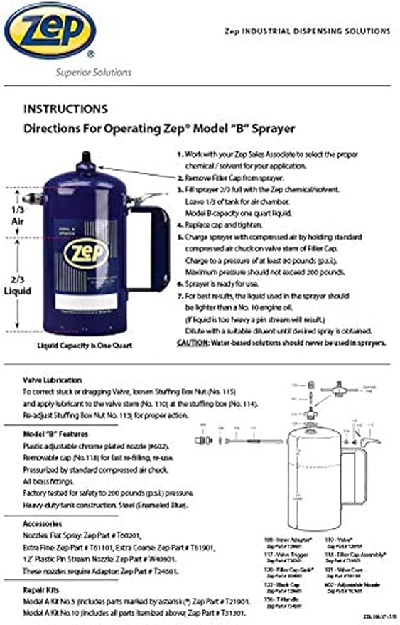 Zep Model B Heavy-Duty Steel Solvent Sprayer - 32 oz (Each) 829801 - Industrial Strength, Refillable, Pressurized, Spring-Loaded Trigger