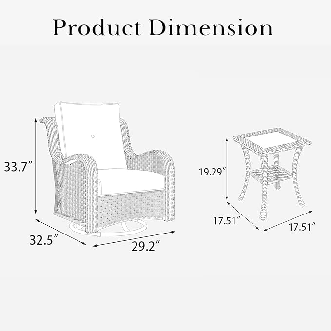 LayinSun 3 Pieces Outdoor Patio Furniture Set, Rattan Wicker Swivel Rocker Chairs Sets with Swivel Glider Chairs and Coffee Table