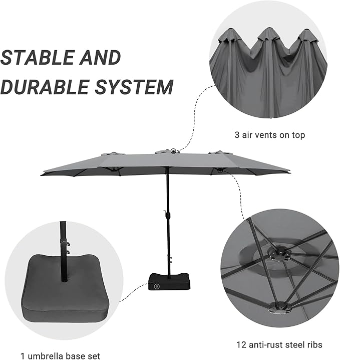 Bigroof 15ft x 9ft Patio Double-Sided Umbrella with Base & Crank, Extra Large Rectangular Outdoor Umbrella for Patio, Lawn & Garden, Beige