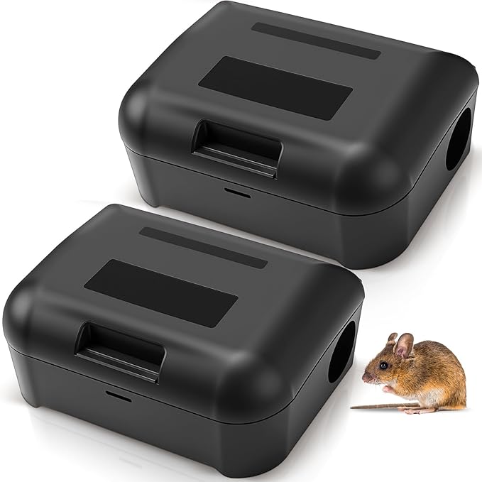 Qualirey 2 Pack Rat Bait Stations Large Rodent with Key Reusable Mouse Stations Mice Blocks Heavy Duty Boxes for Outdoor Rodents Mice Blocks, Bait Not Included, Black (9.8 x 7.5 x 4.3 Inches)