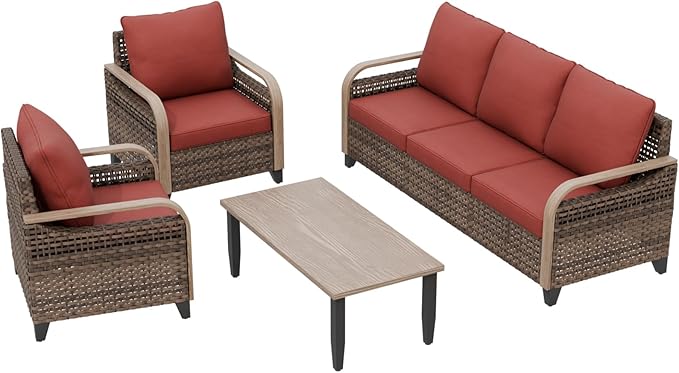 EAGLE PEAK Modern Wicker Outdoor Patio Furniture Set, Patio Conversation Set, 2 Chairs, 3-Seat Loveseat and Coffee Table, 4 Pieces, Brown/Red