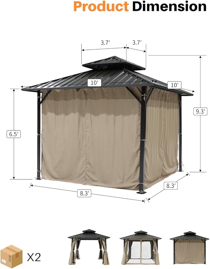SEEHILL 10' x 10' Hardtop Gazebo, Aluminum Frame Outdoor Patio Gazebos with Netting and Curtains, Outdoor Gazebo Canopy, Patio Pergola with Double Steel Roofs for Backyard, Patio, Deck, Sandstone
