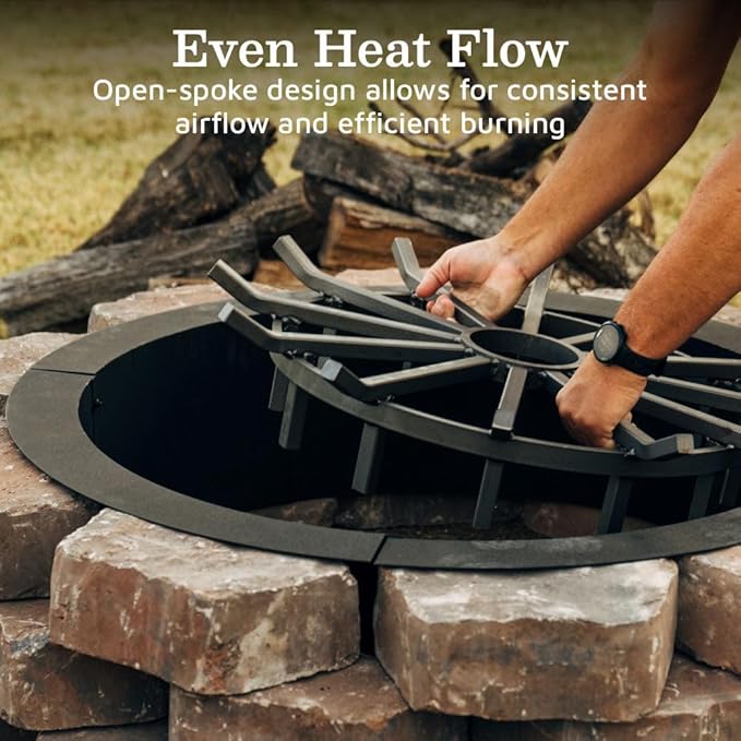 Ash & Ember 28" Wagon Wheel Fire Grate, High-Efficiency Smoke-Free Fireplace Log Grate, Decorative Wood Burning Lifted Grate Pit, Sandblasted Steel with Light Oil Coating