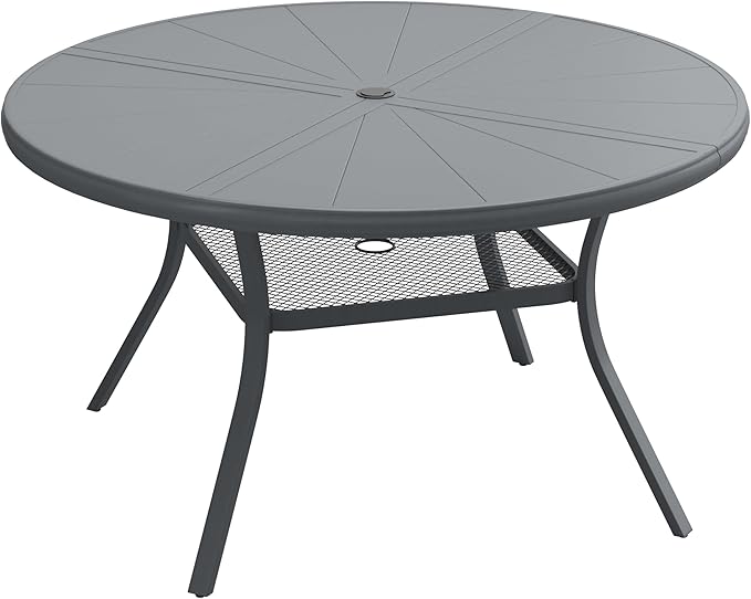 VICLLAX Round Patio Dining Table, 4-6 Person Aluminum Outdoor Dining Table with Umbrella Hole and Storage Shelf for Garden Lawn Deck, 47.2" Dark Grey