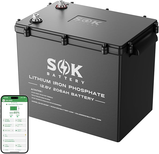 SOK Battery 12V 206Ah LiFePO4 Lithium Battery with Bluetooth, Marine Grade IP65, 8000+ Deep Cycles with Low-Temp Protection for RVs, Marine, Home Energy Storage and Off-grid Solar Wind Systems