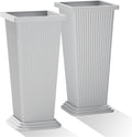 Tall Planters Set of 2, Large Indoor Outdoor Flower Pots with Tray Modern Tapered Planter for Patio, Garden, Porch, Backyard (White Ribbed 24")
