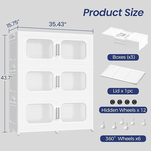 150GAL Extra Large Storage Bins with Lid, 600QT Storage Bins with Wheels, Folding Closet Organizer, Stackable Collapsible Plastic Storage Containers for Home, Office, Kitchen, 3Pack White