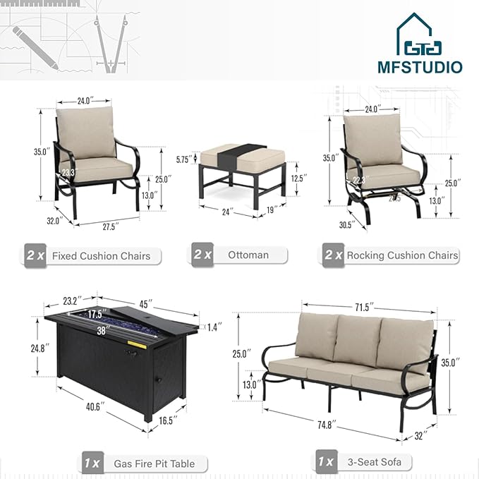 MFSTUDIO 8 Pieces Patio Furniture Sets with 45" Gas Fire Pit Table(Up to 9 Seat), Outdoor Metal Conversation Sofas with 1 x 3-Seat Sofa, 2 Single Chairs, 2 Rocking Chairs and 2 Ottoman, Beige Cushion