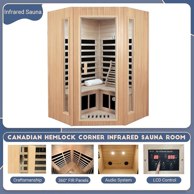 2-3 Person Infrared Sauna, Far Infrared Saunas for Home Low EMF Indoor Home Sauna Spa, Hemlock Wooden Corner Sauna Room,1670Watt, Bluetooth Speakers, Reading Lamps
