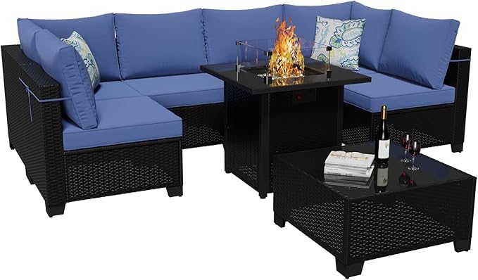 Patio Furniture Set with Fire Pit Table, 8 Piece Wicker Outdoor Sectional Set with Thick Cushions, Patio Sofa for Porch Garden Backyard Deck, Coffee/Blue