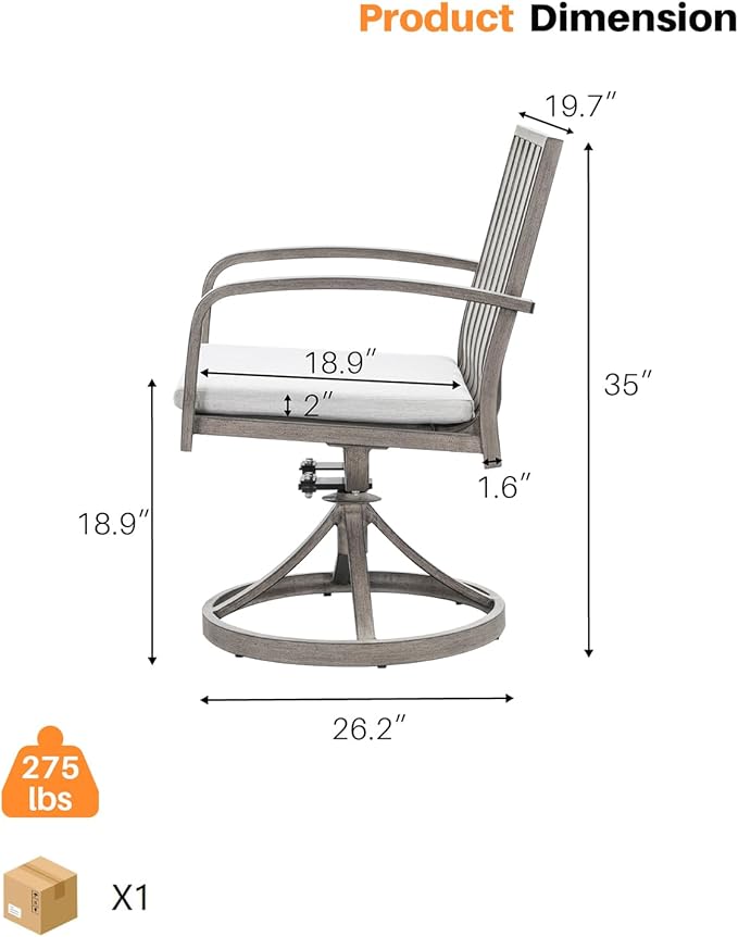 SEEHILL Aluminum Patio Dining Chairs Set of 2, 360°Swivel Outdoor Dining Chairs with Washable Cushions, Deep Seating Swivel Chairs Patio Furniture Set for Deck, Balcony, Garden, Poolside, Limed Oak
