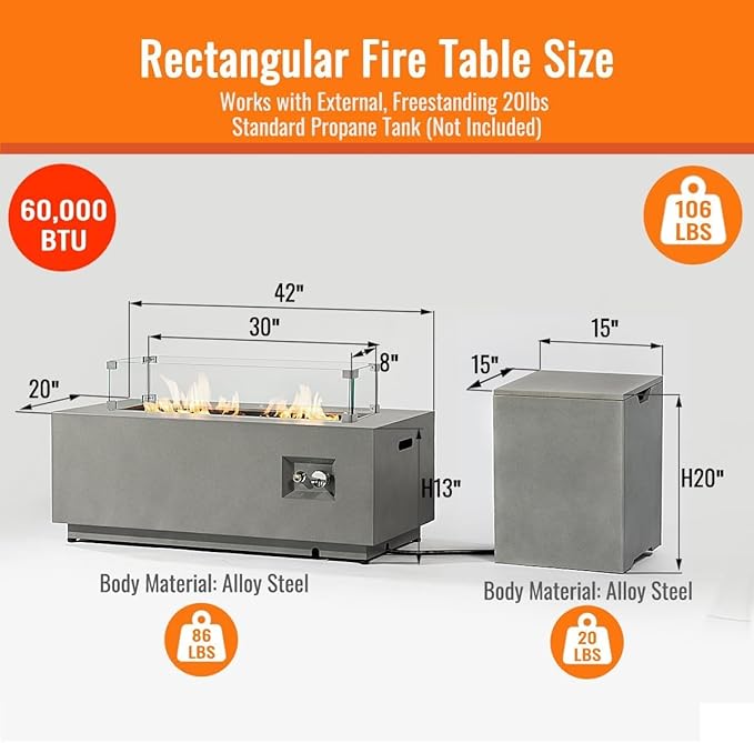 42" Outdoor Propane Fire Pit Table for Patio - 50,000 BTU Rectangular Gas Firepit Table, Grey Commercial-Grade Fireplace with Wind Guard,Grey.