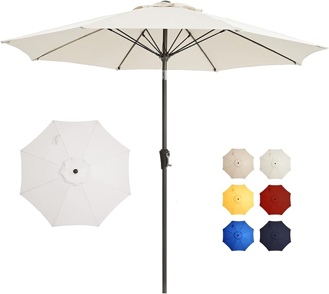 9FT Large Outdoor Patio Umbrella Market Table Umbrella-UV Resistant, Easy Push Button Tilt and Crank, 8 Sturdy Ribs Heavy-Duty Pool Umbrella for Deck, Backyard,Garden,White