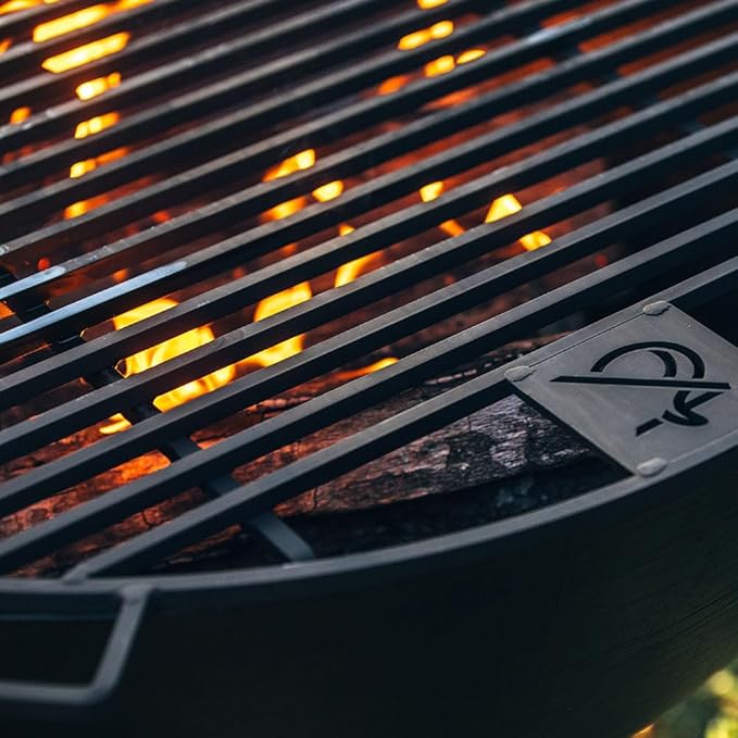 Ash & Ember 30" Cast Iron Cauldron Fire Pit Bowl, Double Hinged Grill Grate with Easy-Lift Handles, Handing Chain and Cauldron Stand, Round Wood Burning Patio Fire Bowl for Backyard Entertainment