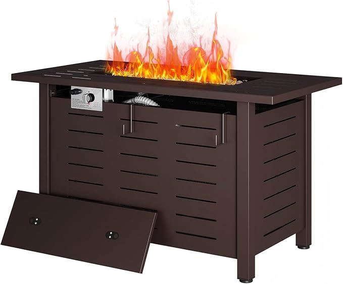 Aoxun 41" Propane Fire Pit Table – 50,000 BTU Outdoor Gas Fire Pits with Removable Lid & Waterproof Cover, Lava Rocks Rectangle Gas Firepit Table for Outside Patio Brown
