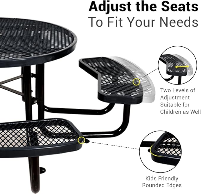 Rueekfil 46" Thermoplastic Picnic Table with Umbrella Hole up to 1.5", Heavy Duty Commercial Picnic Table for Outdoor, Family & Party Ready for School Camping, Round, Black