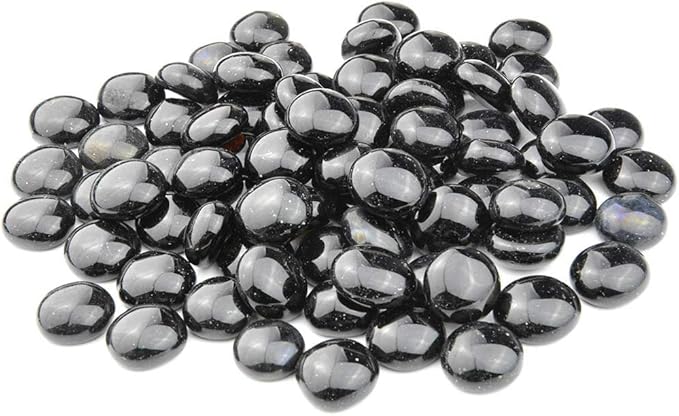 onlyfire Flat Fire Glass Beads for Propane Fire Pit, 1/2 Inch Reflective Firepit Glass Rocks 10 Pounds Flat Marbles for Gas Fireplace and Fire Pit Table, Onyx Black Color