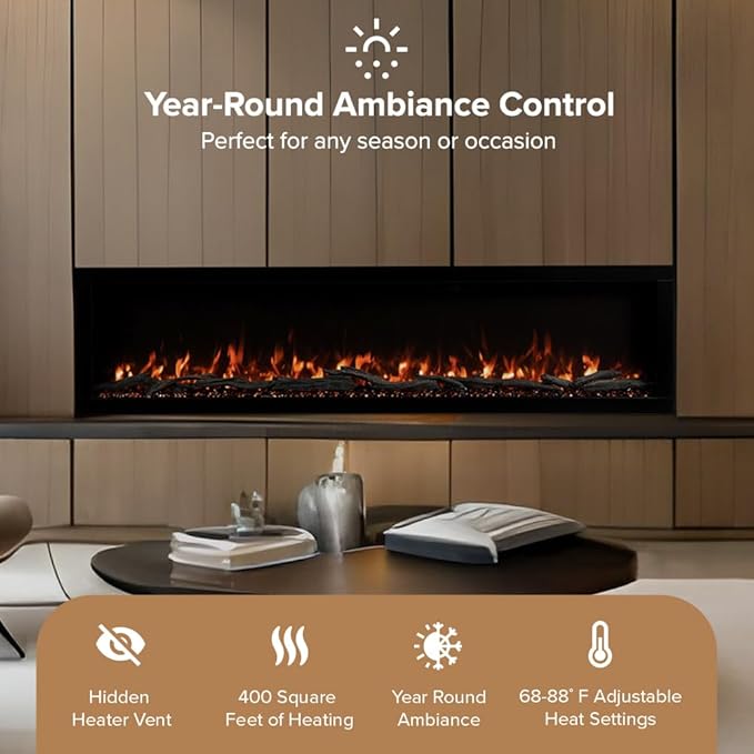 Modern Ember Highmark 84 Inch Smart Linear Electric Fireplace - Premium Flame with 10 Colors, Sleek Hidden Vent Design, Install Recessed in-Wall or Wall-Mount, WiFi Enabled.
