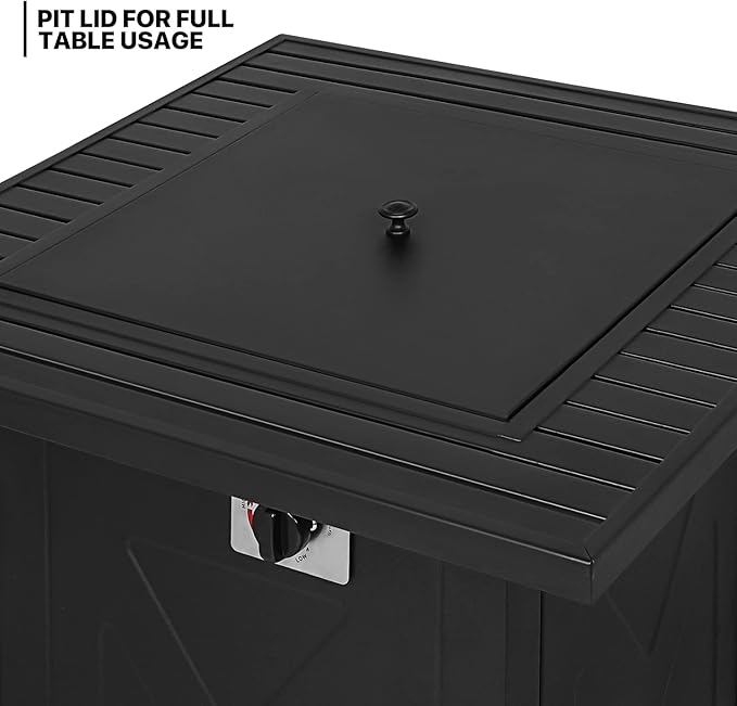 MoNiBloom 28 in Square Propane Fire Pits Table, 50000 BTU Outside Dinning Propane Outdoor Fire Pit Table Top with Lid, for Patio Deck Garden Backyard,Black