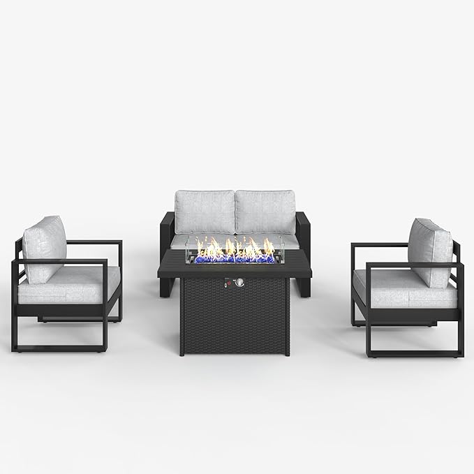 LayinSun 4 Pieces Aluminum Outdoor Patio Furniture Set, Metal Modern Conversation Sofa Set with Fire Pit Table and Washable Thick Cushions for Porch, Backyard, Deck