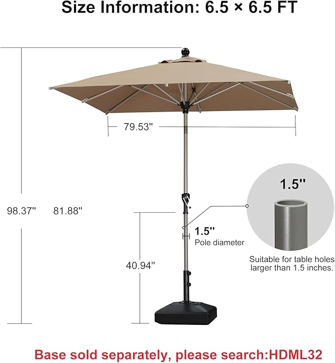 PURPLE LEAF 6.5' x 6.5' Square Patio Umbrella with Tilt Adjustment, Outdoor Table Umbrella Champagne Aluminum Frame, Market Umbrella Pool Umbrella for Deck Garden, Patio, or Lawn