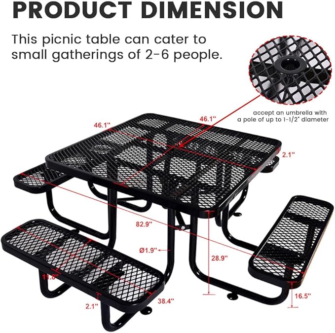 KUFUH 46" Square Metal Picnic Table for 4-8 Person, Durable Heavy Duty Commercial Picnic Table with Umbrella Hole for Outdoor Coffee Shop, School, Hospital, Easy to Install, Black