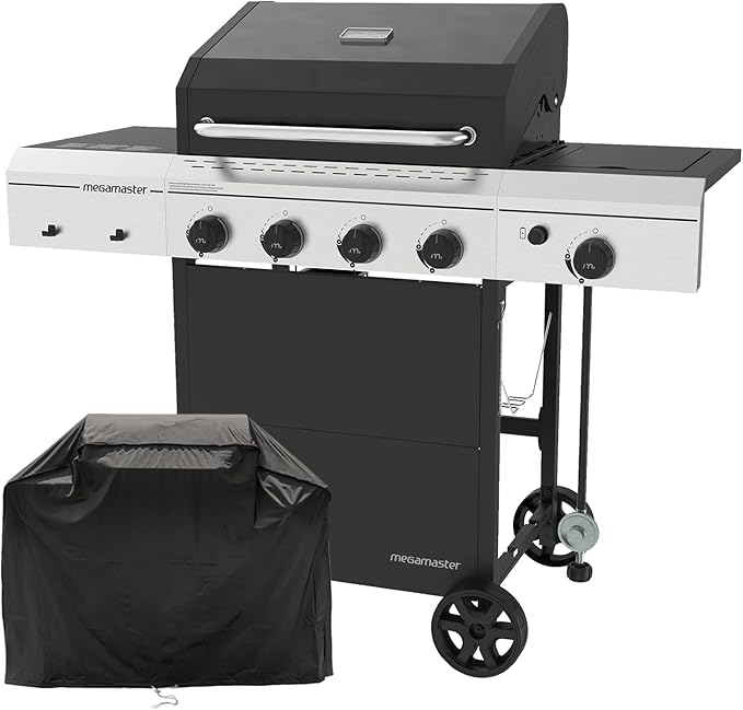 Megamaster 4-Burner Gas Grill with Side Burner & Grill Cover, 52,000 BTUs, 568 SQ. In. Cooking Area, Propane BBQ Grill with Stainless Steel Panel for Outdoor Cooking, Patios, and More - 720-0804HK