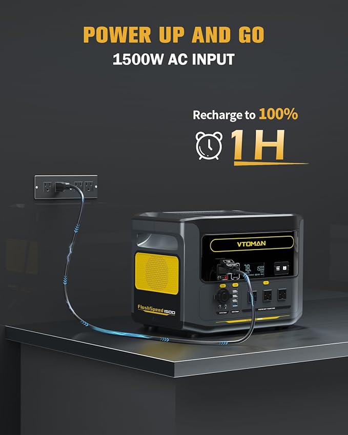 VTOMAN FlashSpeed 1500 Portable Power Station - 1 Hour Fast Charge, 1548Wh LiFePO4 Battery, 1500W AC Output (3000W Surge) for Home Backup, Off-grid, Camping, Emergencies