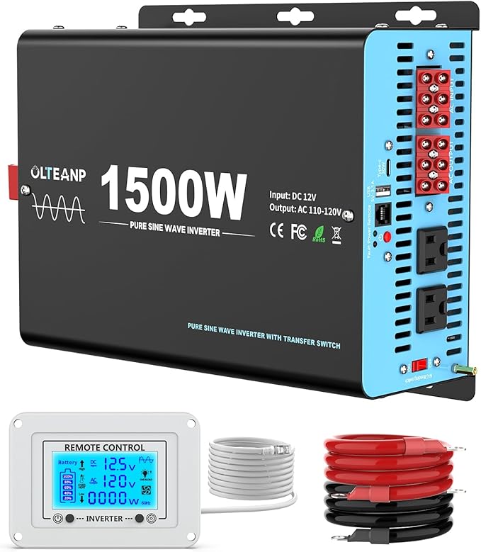 1500W Pure Sine Wave Inverter with Transfer Switch, 12V DC to 120V AC Converter with 2AC Outlets, USB Port, Type-C Port, Remote Controller, Power Inverter for RV, Outdoor, Auto Swtich to Shore Power