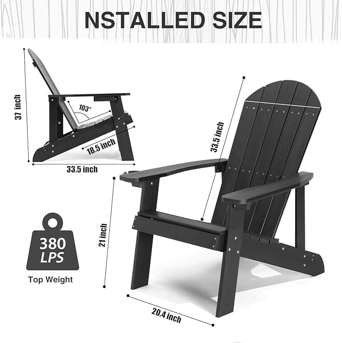 Adirondack Chairs Set of 4, All Weather Resistant Plastic Chairs with Cup Holder, 5 Easy Steps to Install, Outdoor Chairs for Patio, Garden, Backyard Deck, Lawn, Fire Pit - Black