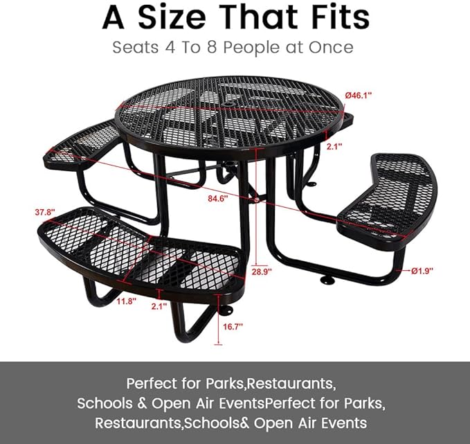 KUFUH 46" Round All Metal Picnic Table for 4-8 Person, Durable Heavy Duty Commercial Picnic Table with Umbrella Hole for Outdoor Coffee Shop, School, Easy to Assemble, Black
