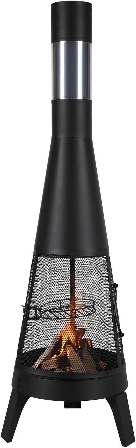 VEVOR Chiminea, 20 Inch Outdoor Wood Burning Firepit, Conical Fireplace for BBQ & Warming, Outside Wooden Fire Pit with Grill Mesh, Chimney Coat & Rustproof Chiminea Lid, for Patio, Garden, Backyard