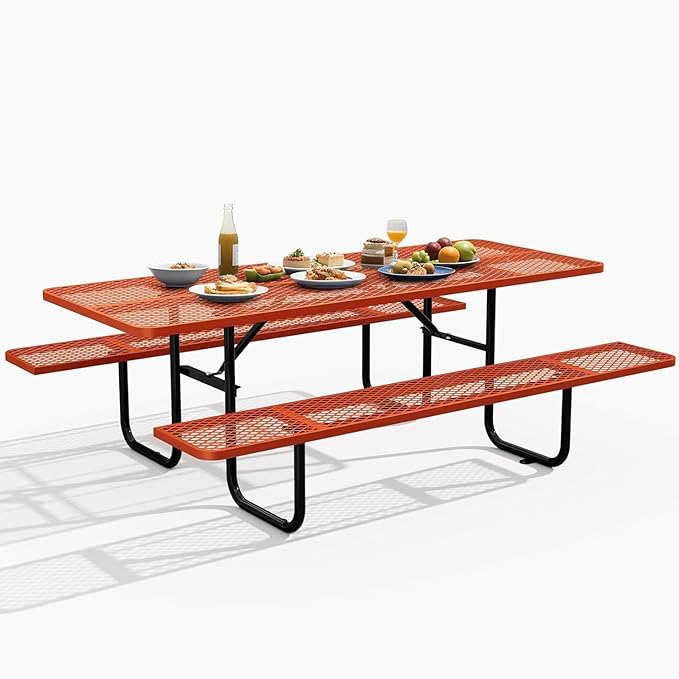KUFUH 72" Coated Round Metal Picnic Table for 4-6 Person, Durable Heavy Duty Commercial Picnic Table with Umbrella Hole for Outdoor Coffee Shop, School, Easy to Install, Orange