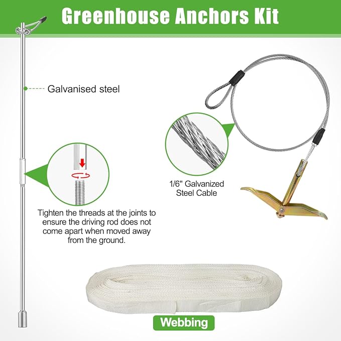 4 Pack Ground Earth Anchors, Easy Hook Anchor with Driving Rod, Earth Anchor Cable Stakes with Webbing for Anchor Tunnel Creenhouse, Large Walk-in Green House, Greenhouse Plastic