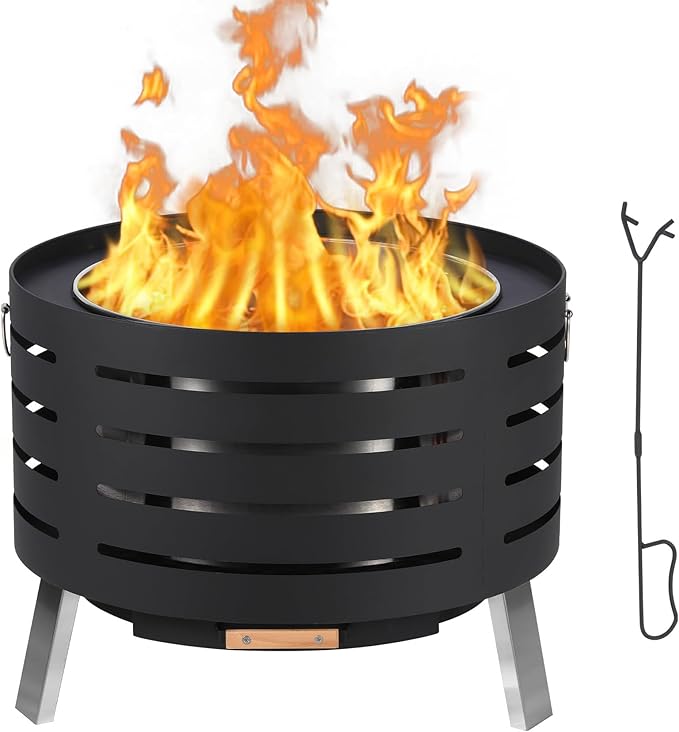 26 Inch Smokeless Fire Pit, Large Outdoor Wood Burning Firepit with Removable Ash Pan & Waterproof Cover, Fire Poker, Lid, Portable Fire Pits for Outdoor Patio, Bonfire, Camping, Backyard