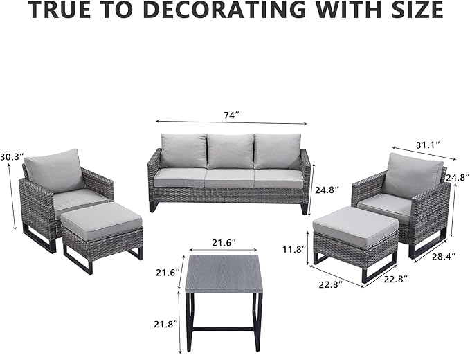 HUMMUH 6 Piece Patio Furniture Outdoor Sectional Sofa Set All-Weather Wicker Outdoor Chairs with End Table Ottomans for Patio,Porch,Garden,Backyard