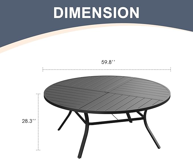 VICLLAX Round Patio Dining Table, 8-10 Person Metal Outdoor Dining Table with Umbrella Hole and Storage Shelf for Garden Lawn Deck, 60" Black