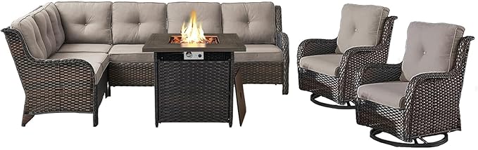 Belord Outdoor Sectional Sofa Furniture Set with Propane Fire Pit Table, Wicker Patio Conversation Set with 2 Swivel Glider Rocker Chairs Grey Cushion Perfect for Backyard Casual Gathering