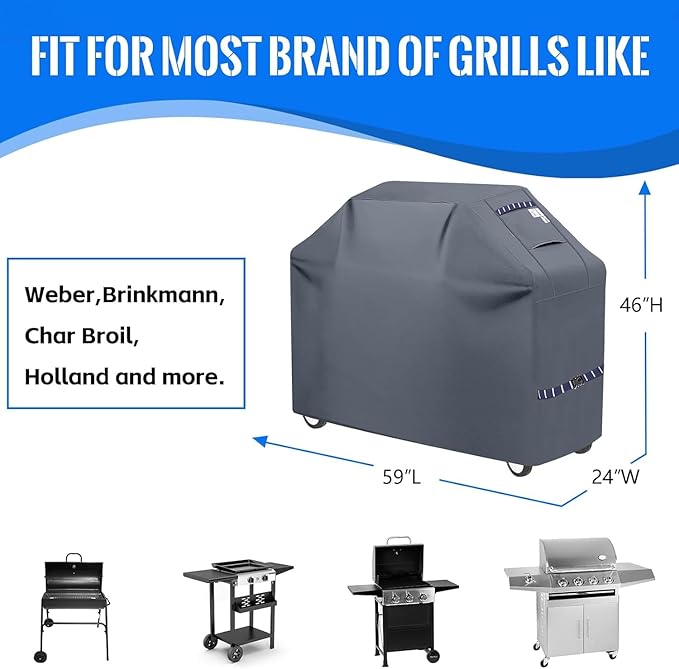 59" Grill Cover Heavy Duty Grill Covers for Outdoor BBQ Waterproof Gas Cover, All Weather Protection Gas Grill Covers for Weber Genesis Charbroil, Grey 1pc