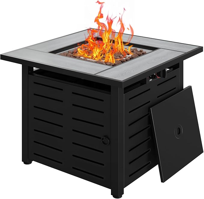 Aoxun 28" Propane Fire Pit Table Ceramic Top, 50000 BTU Outdoor Patio Heater with Lava Rocks, Rectangle Gas Fire Pits for Outside Patio with Removable Lid, Black