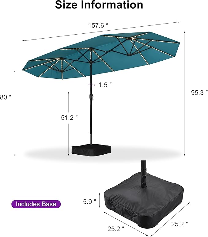 PURPLE LEAF 13ft Patio Market Umbrella with Solar LED and Base Double-Sided Rectangle Outdoor Table Sun Umbrellas with Crank for Pool Beach Deck Backyard Turquoise Blue