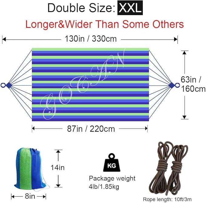 GOCAN Brazilian Double Hammock 2 Person Extra Large 220x160cm Total Length 330cm Load 500lb Canvas Cotton Hammock for Patio Porch Garden Backyard Lounging Outdoor and Indoor(Blue/Green) XXL