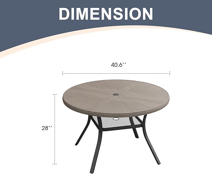 VICLLAX Round Patio Dining Table, 4 Person Aluminum Outdoor Dining Table with Umbrella Hole and Storage Shelf for Garden Lawn Deck, 40.6" Grey