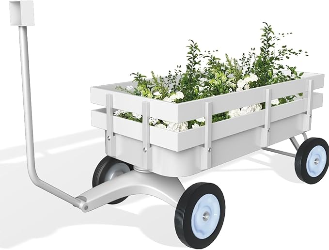 White All-Terrain Wagon, Wedding Flower Girls Wagon Cart with Handle, Utility Steel Cargo Wagons with Removable Wooden Side Panels (White, Small)