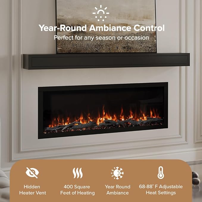 Modern Ember Highmark 50 Inch Smart Linear Electric Fireplace - Premium Flame with 10 Colors, Sleek Hidden Vent Design, Install Recessed in-Wall or Wall-Mount, WiFi Enabled