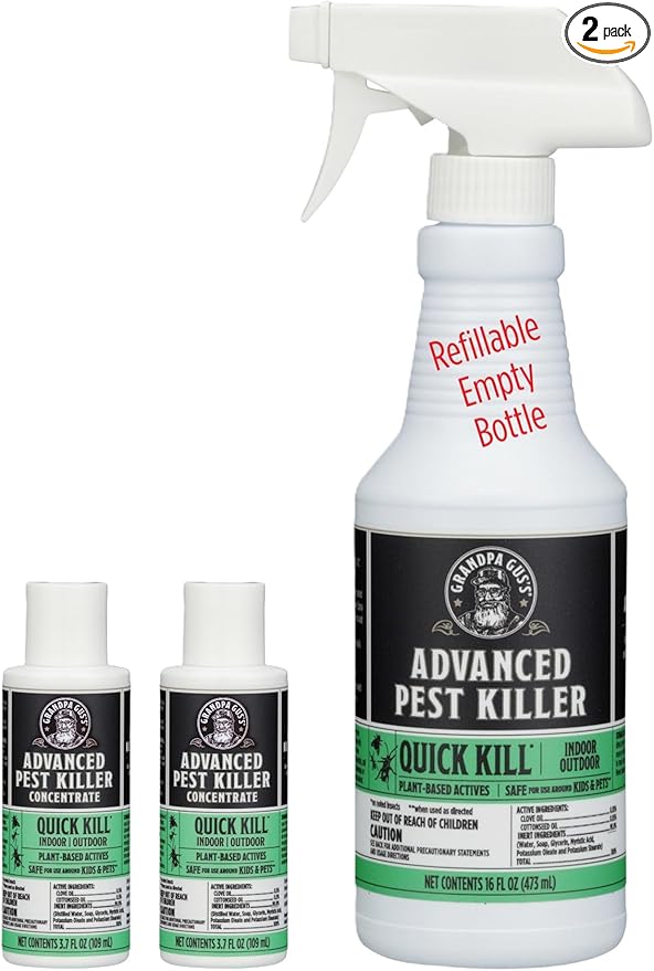 Grandpa Gus's Advanced Natural Pest Control with Clove & Cottonseed Oil - Indoor/Outdoor Insect Killer for Spiders, Ants, Roaches, Earwigs & Bed Bugs, Pet-Friendly, Concentrate 2 Pack + Spray Bottle
